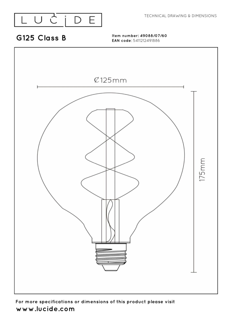 Lucide G125 Trieda B - Vláknová žiarovka - Ø 12,5 cm - LED Rozm. - E27 - 1x7W 2700K - Transparent